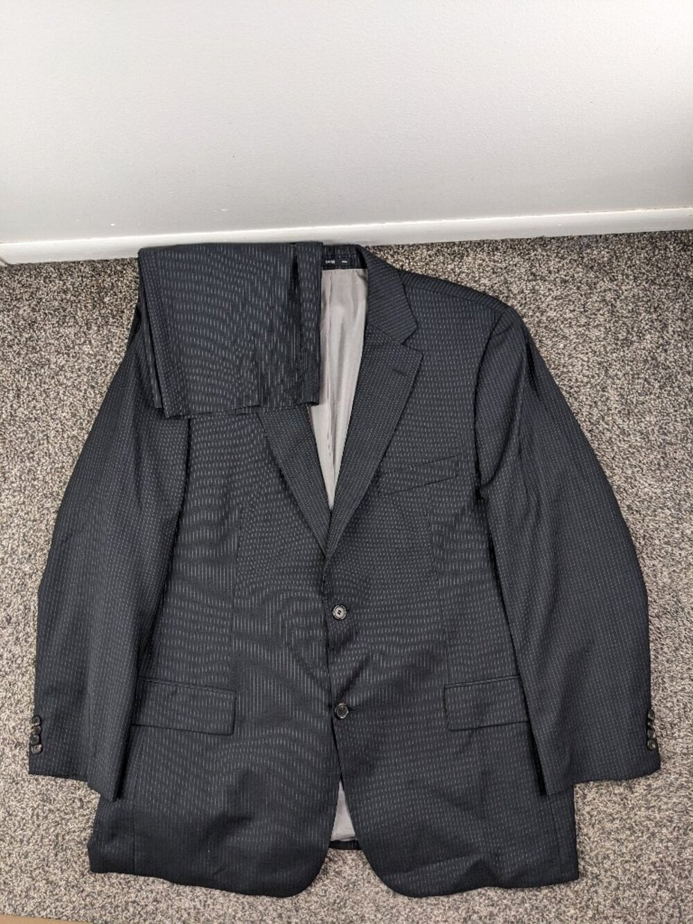 Hugo Boss 48R Wool Pinstripe 2 PC Suit Paolini Movio Black 40x30 USA Made